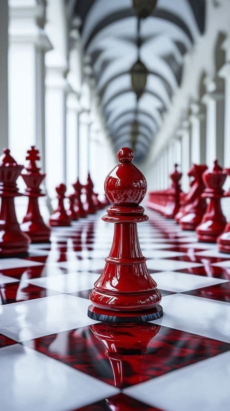 Glossy red chess bishop in a bright architectural corridor