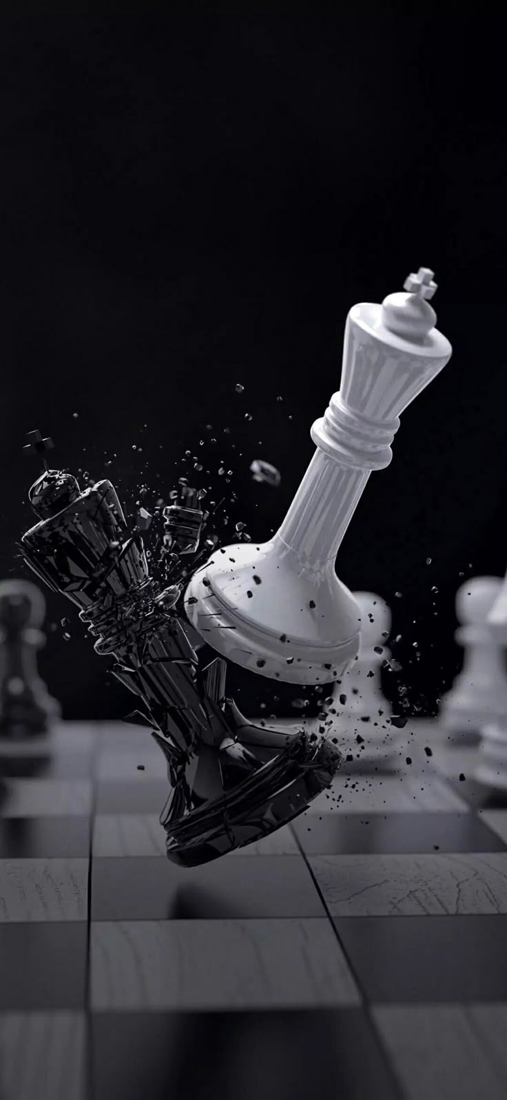 White chess king striking a dark piece in a dramatic monochrome scene